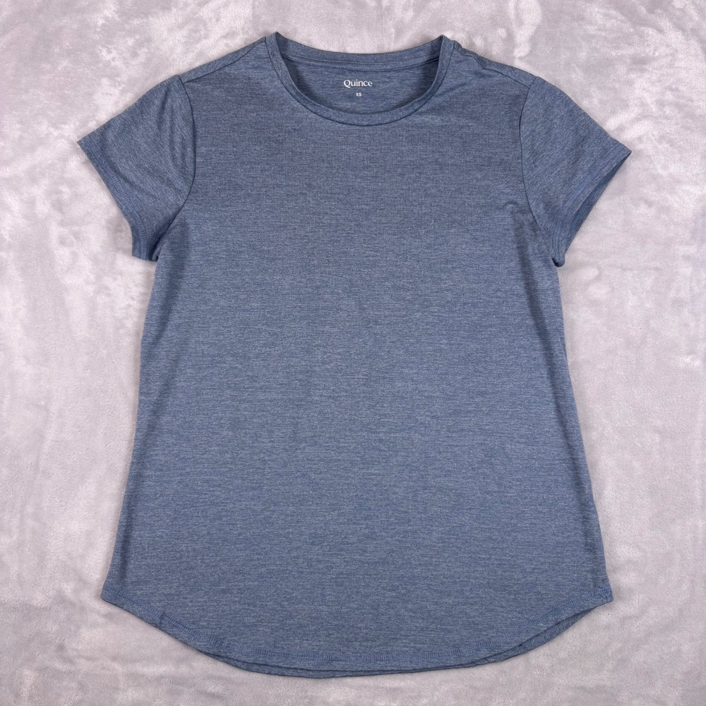 Quince Womens Heather Blue Short Sleeve Active Tee Crew Neck Curved Hem Size XS